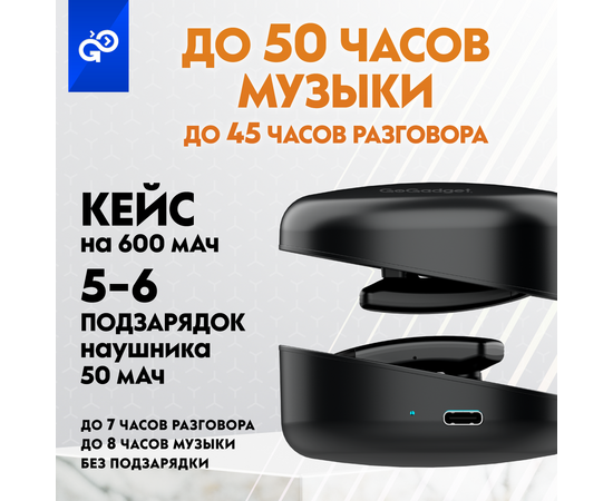  Беспроводные наушники GoGadget SportBuds, вакуумные, заушины, EDR, ANC -30dB, 2 микр., 50+300х2 мАч, до 50 ч, IPX5, ЧЕРНЫЙ 