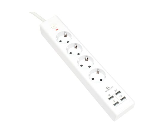  Сетевой фильтр Cablexpert Exnovo EXN-4-U4-W-2 белый, Макс мощность 2500Вт, 4 розетки 220В, 10А, 4 розетки USB-A 5В 2,4А, кабель 2м, ур.защиты 4+ 