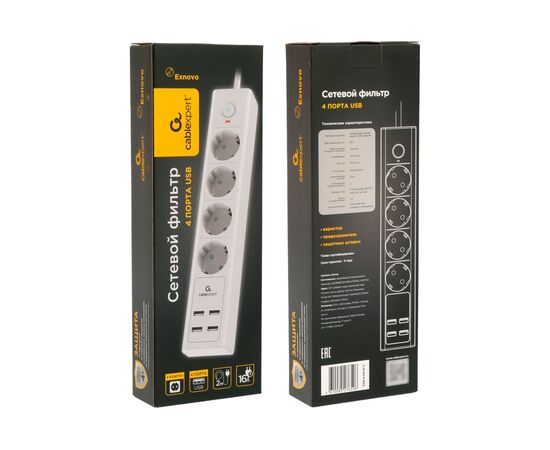  Сетевой фильтр Cablexpert Exnovo EXN-4-U4-W-2 белый, Макс мощность 2500Вт, 4 розетки 220В, 10А, 4 розетки USB-A 5В 2,4А, кабель 2м, ур.защиты 4+ 