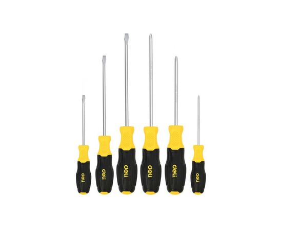  Набор отверток Deli DL630006N 6шт SL5x75 + SL5x100 + SL6x150 + PH1x75 + PH1x100 + PH2x150 сталь Cr-V, двухкомпонентная прорезиненная рукоять 