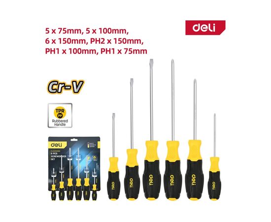  Набор отверток Deli DL630006N 6шт SL5x75 + SL5x100 + SL6x150 + PH1x75 + PH1x100 + PH2x150 сталь Cr-V, двухкомпонентная прорезиненная рукоять 